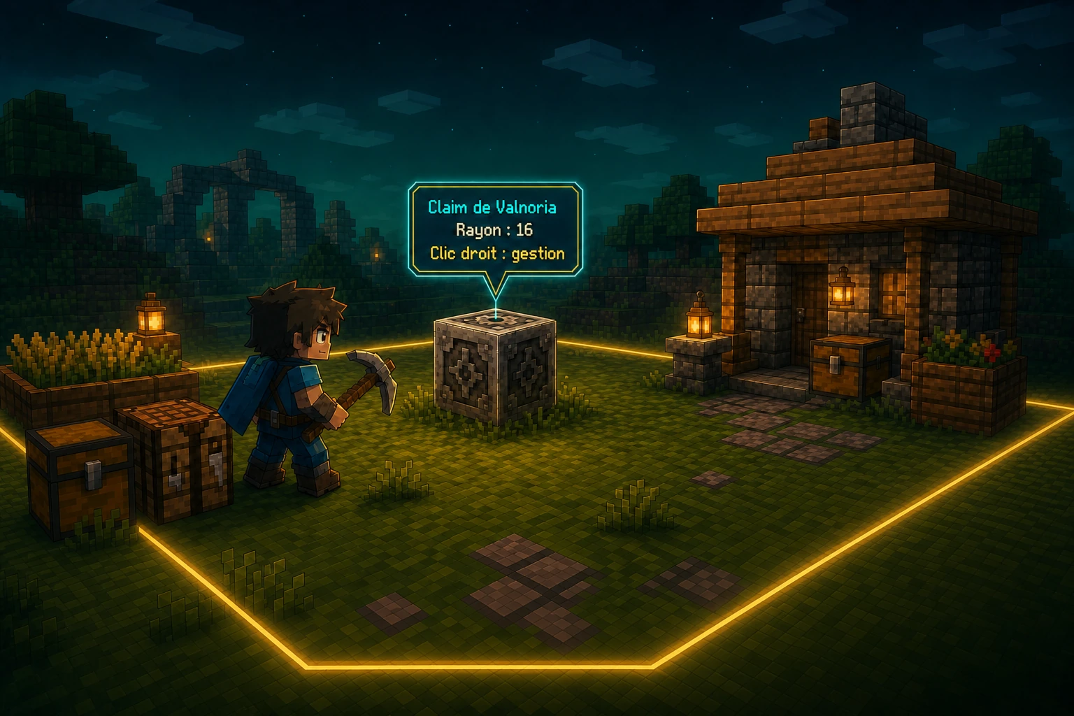 A player protecting their home and land with Valnoria’s claim system